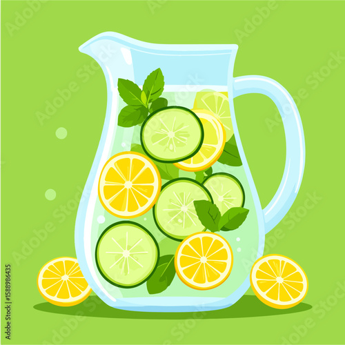 Refreshing cartoon illustration of a glass pitcher filled with cucumber and lemon infused water, decorated with mint leaves on a light green background.