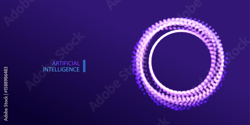 Circle AI. Technology particles a.i. banner. Dots explosion ai big data neon round background. Artificial Intelligence futuristic connect design.