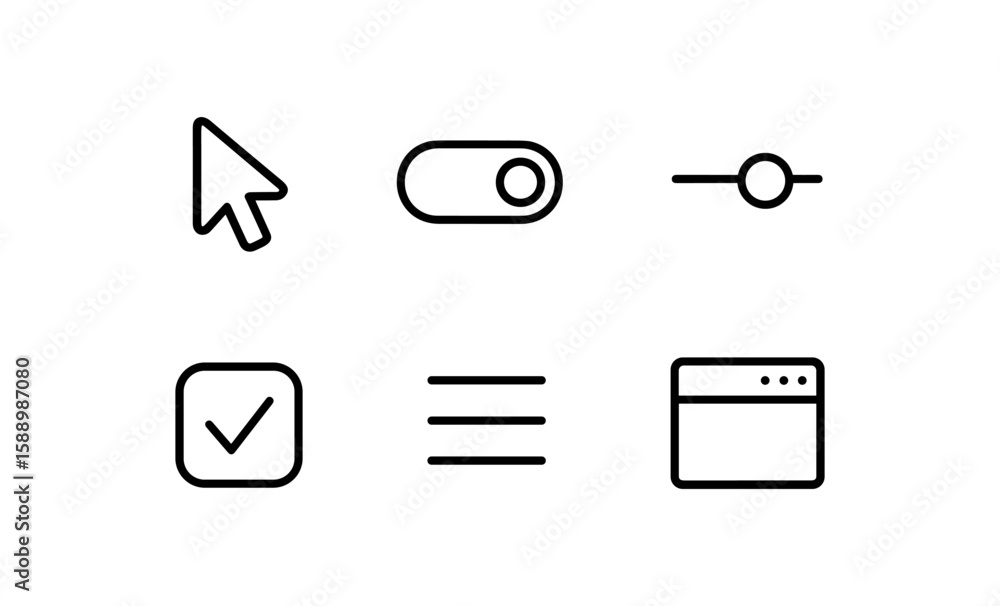 Minimalist line icons set: cursor, toggle, slider, checkbox, menu, browser Minimalist line icons set: cursor, toggle, slider, checkbox, menu, browser