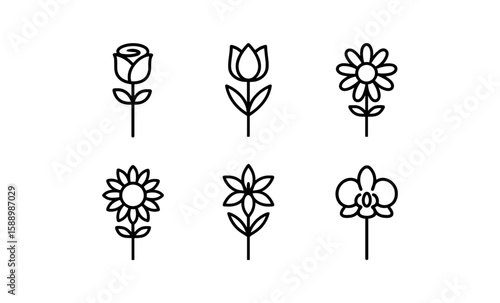 Minimalist floral icons set featuring tulip, rose, sunflower, and more