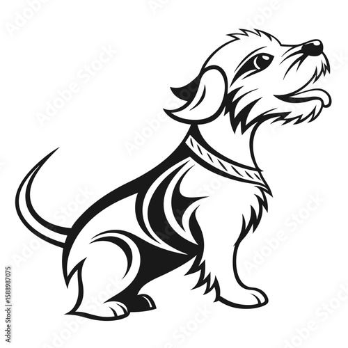 A stylized dog with tribal markings and collar