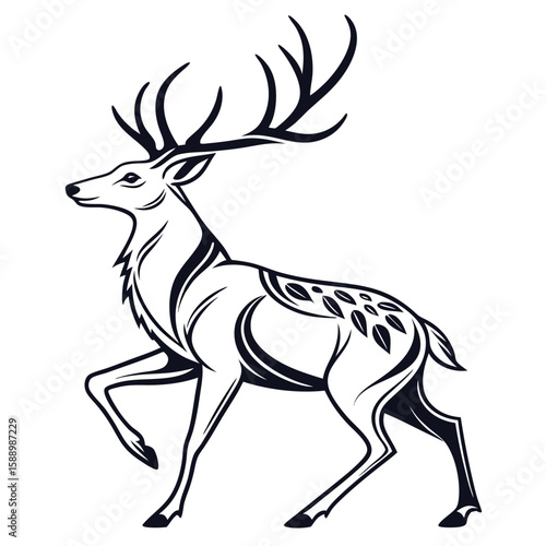 A majestic stag with large antlers walks gracefully