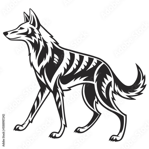 A stylized wolf with tribal patterns on white background