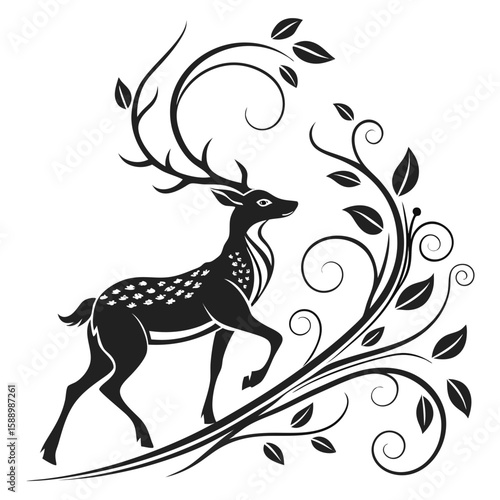 A stag with ornate vines and leaves on white background