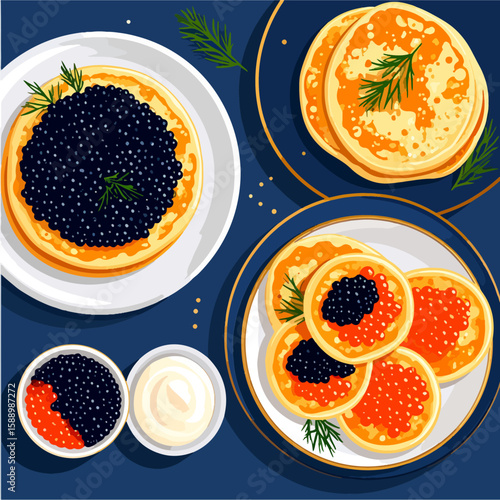 Elegant, artistic illustration featuring pancakes served with luxurious black and red caviar, accompanied by sour cream and fresh dill on a deep blue background.