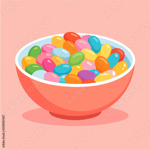 Illustration of a bowl filled to the brim with colorful jelly beans, set against a soft pink background, capturing the joy and vibrancy of these sweet treats.