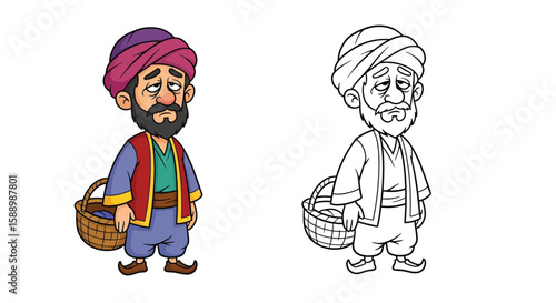The Sleepy Porter Character Coloring Page Featuring Vibrant Colored and Simple Outline Views
