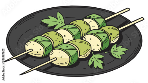 Grilled zucchini skewers recipe idea on black plate with parsley garnish for healthy eating and cooking tips