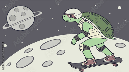 Turtle skateboarding on the moon with helmet and pads in space adventure illustration vector art 100 char