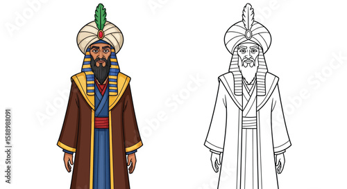 The Vizier Character Coloring Page with Both Colored and Detailed Outline Versions for Kids