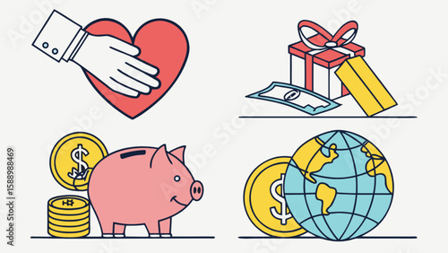 Financial planning and investment strategy for wealth management and charitable giving cartoon illustration