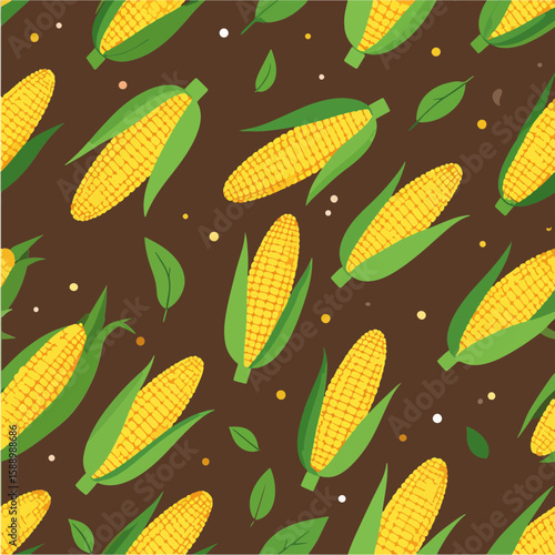 A vector art illustration displays a seamless pattern of fresh corn cobs with green leaves scattered on a brown background, showcasing agriculture and healthy food.
