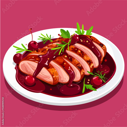 Delicious sliced duck breast with cherry sauce, garnished with fresh rosemary and arugula on a white plate, set against a vibrant pink background.