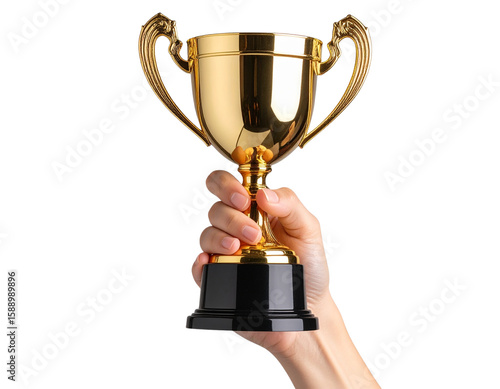 Photorealistic Hand Holding a Shiny Golden Trophy Up High, Studio Lighting for Dramatic Effect, Isolated on Transparent Background