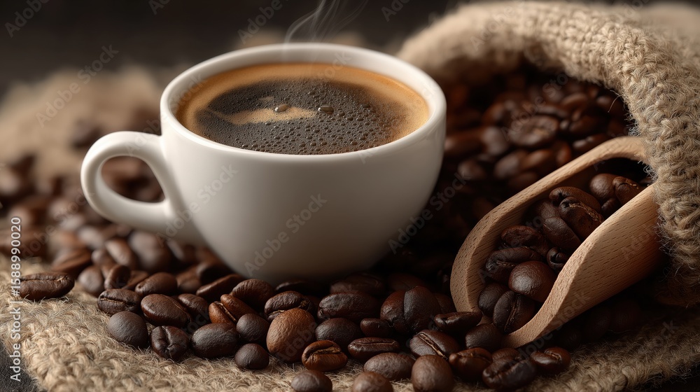 Fototapeta premium White Coffee Cup with Dark Roast Coffee Surrounded by Coffee Beans and Burlap Sack
