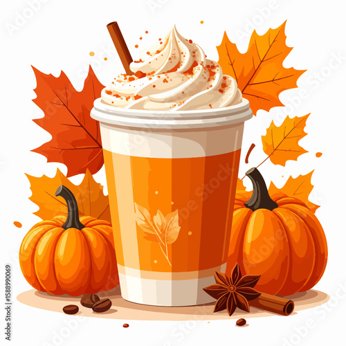 A charming illustration of a pumpkin spice latte in a to-go cup, complete with whipped cream, cinnamon, and autumn leaves, conveying the cozy vibes of fall.