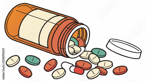 Pills spilling from bottle vector illustration for medical healthcare and pharmaceutical industry designs use, great for health