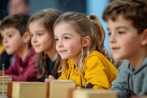 Elementary school students listening attentively during a spelling bee competition, showcasing focus and concentration