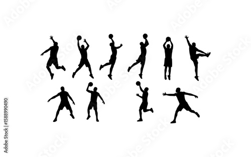 Basketball player silhouettes in dynamic poses suitable for sports themed designs, posters, and sports event promotions for a vibrant visual.