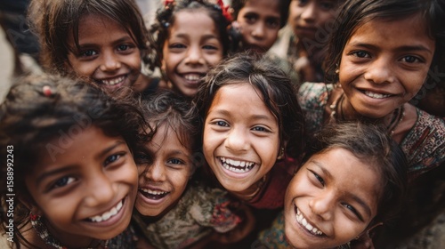 Joyful Gathering: A close-up shot of radiant children smiling, showcasing a beautiful expressions of innocent laughter and pure happiness. 