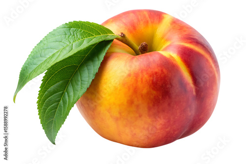 Ripe peach with two green leaves and stem on black background isolated on a transparent background fruit