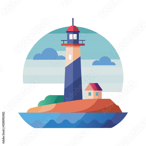  flat vector minimal lighthouse beside the sea wit.