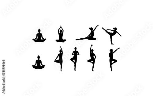 Eight black yoga pose silhouettes ideal for fitness, wellness, yoga classes, instructional materials, health blogs, mindfulness, relaxation, and meditation content.