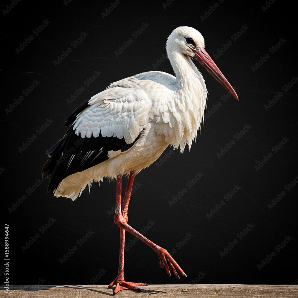 Obraz premium White stork with long beak and legs standing on wooden surface against dark background