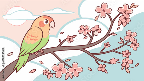 Peach faced lovebird perched on cherry blossom branch spring nature art illustration drawing design vector