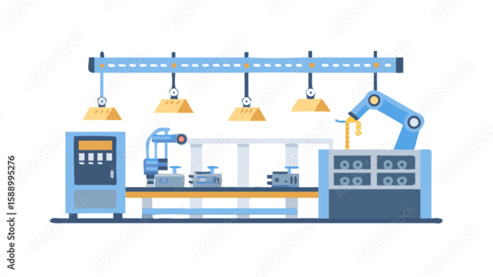 Fototapeta premium Automated manufacturing process line with robotic arm and conveyor belt for industrial production line