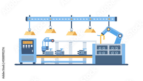 Automated manufacturing process line with robotic arm and conveyor belt for industrial production line