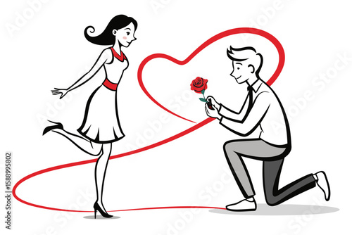 A lover is proposing to his girlfriend on one knee with a red rose.