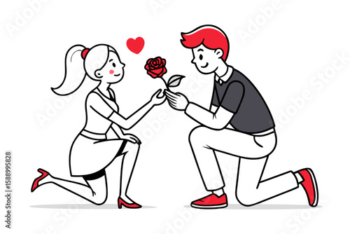 A lover is proposing to his girlfriend on one knee with a red rose.