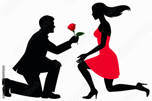 A lover is proposing to his girlfriend on one knee with a red rose.