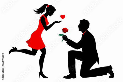 A lover is proposing to his girlfriend on one knee with a red rose.