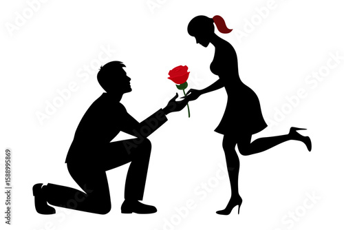 A lover is proposing to his girlfriend on one knee with a red rose.
