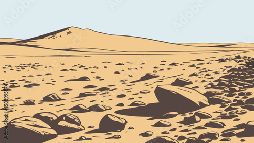 Explore the barren desert landscape: vector illustration of sand dunes and rocky terrain in arid climate