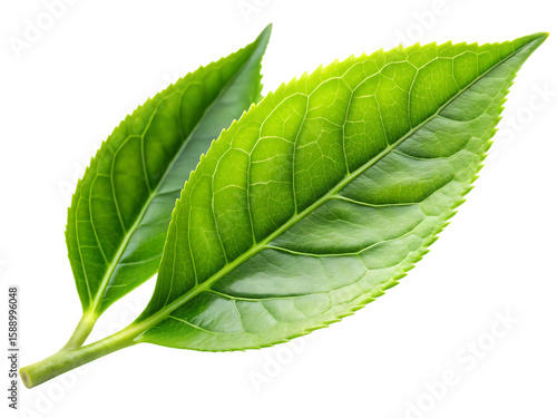 Two vibrant green tea leaves with detailed veins on a stem isolated on a transparent background green tea leaf
