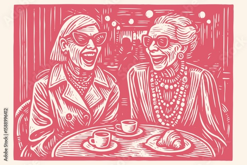 Two stylish elderly women, friends laughing over coffee in a cafe. Vector illustration in a detailed, retro woodcut or linocut print style.