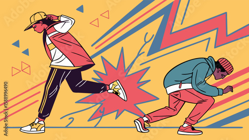 Dynamic street dance battle illustration featuring hip hop dancers and urban art style design elements