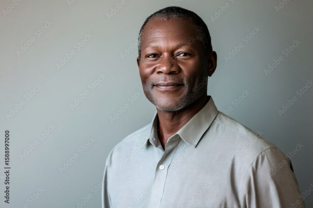 Fototapeta premium Studio portrait featuring a confident Jamaican businessman smiling warmly against a gray background, exuding professionalism and leadership