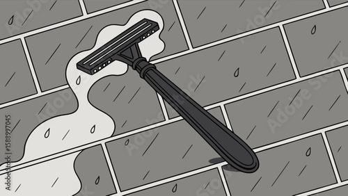 Wet razor on bathroom tiles illustration for shaving and personal care product search results and hygiene tips