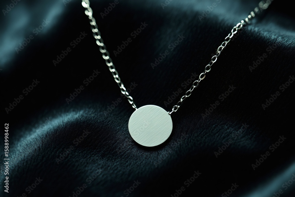 Elegant silver necklace with a brushed circular pendant displayed on a luxurious black velvet background, creating a sophisticated and stylish image Elegant silver necklace with a brushed circular pendant displayed on a luxurious black velvet background, creating a sophisticated and stylish image