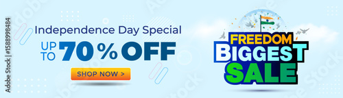 India independence day special sale banner design. 70% off big freedom festival sale logo with tricolour flag.
