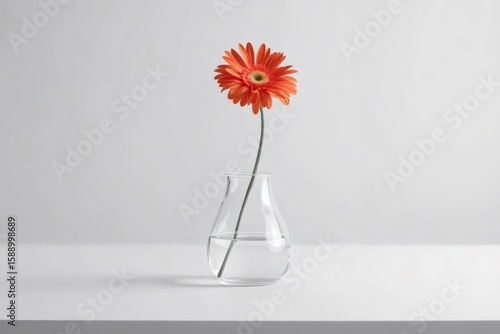 Minimalist still life of a single, vibrant orange gerbera daisy in a clear glass vase on a white surface against a light grey backdrop