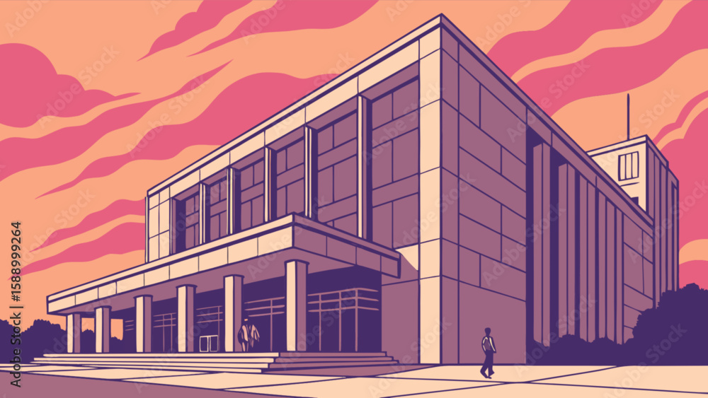 Fototapeta premium Modern architecture building illustration with sunset sky and people for architectural design projects