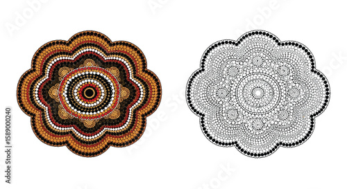 Aboriginal Dot Mandala Coloring Page Featuring Vibrant Colored and Clear Outline Versions for Art