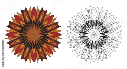 African Tribal Mandala Coloring Page Showcasing Vivid Colored and Distinct Outline Versions