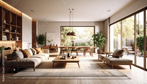 Serene Minimalist Living Room Design with Natural Light and Wooden Accents