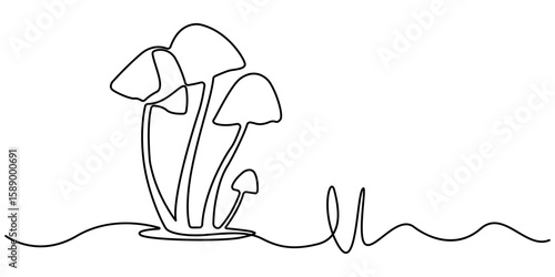 Mushroom One Line Drawing Of Minimalist Vector Icon. Abstract shaped bell mushroom. single line bell mushroom icon. Mushrooms drawing by one continuous line isolated vector